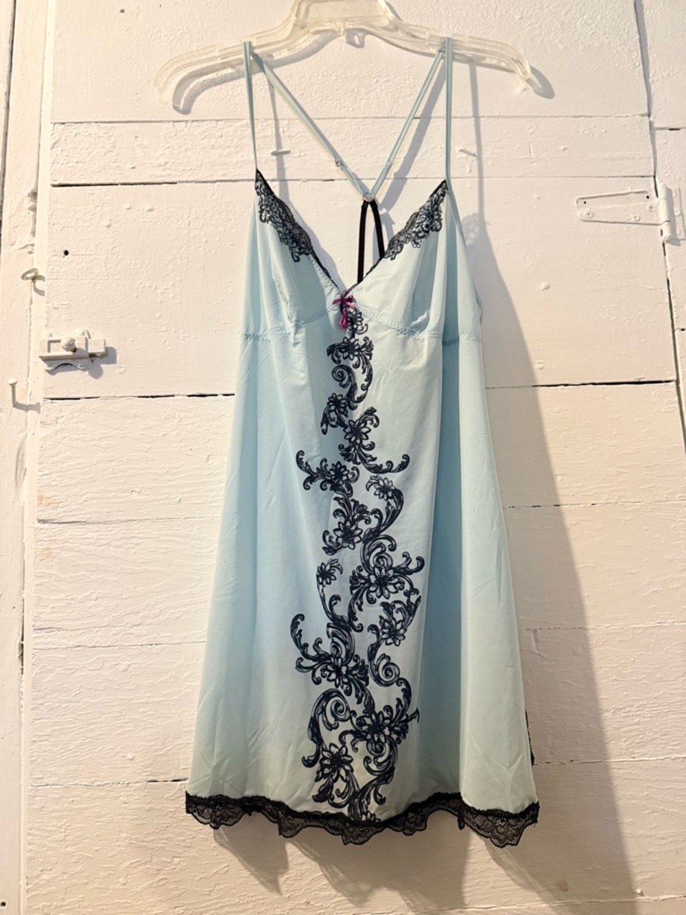 Cosmopolitan Pale Blue Satin Chemise with Black Lace Applique
